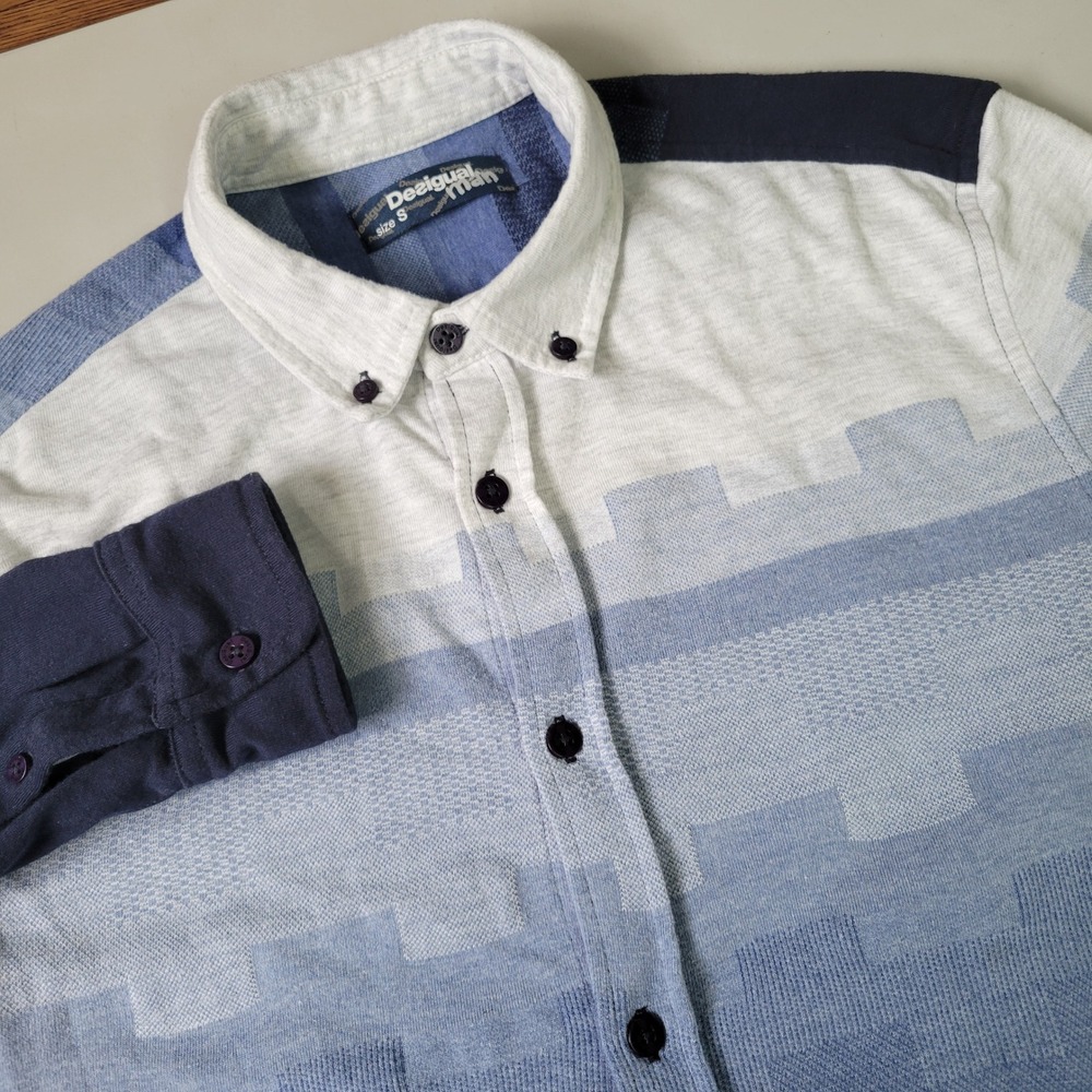 Desigual Man Button Down Shirt Small Blue‎ Ombre Geometric Long Sleeve